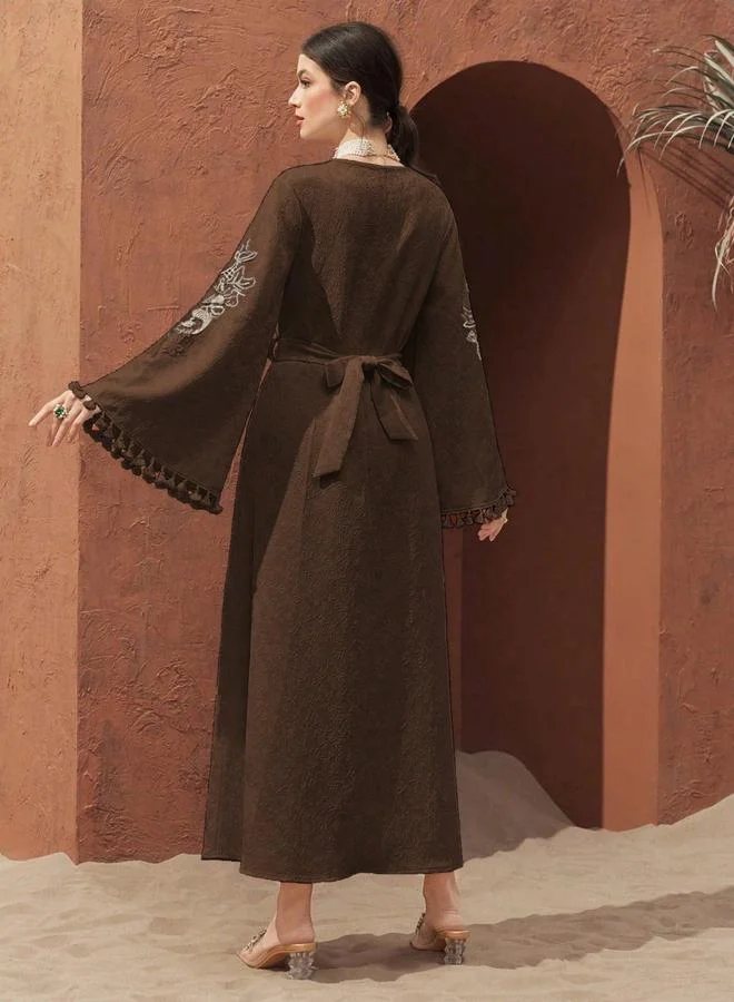 Take Two Coffee Brown Women Jacquard Jalabiya with Tassel Trim for Women | Best Price UAE